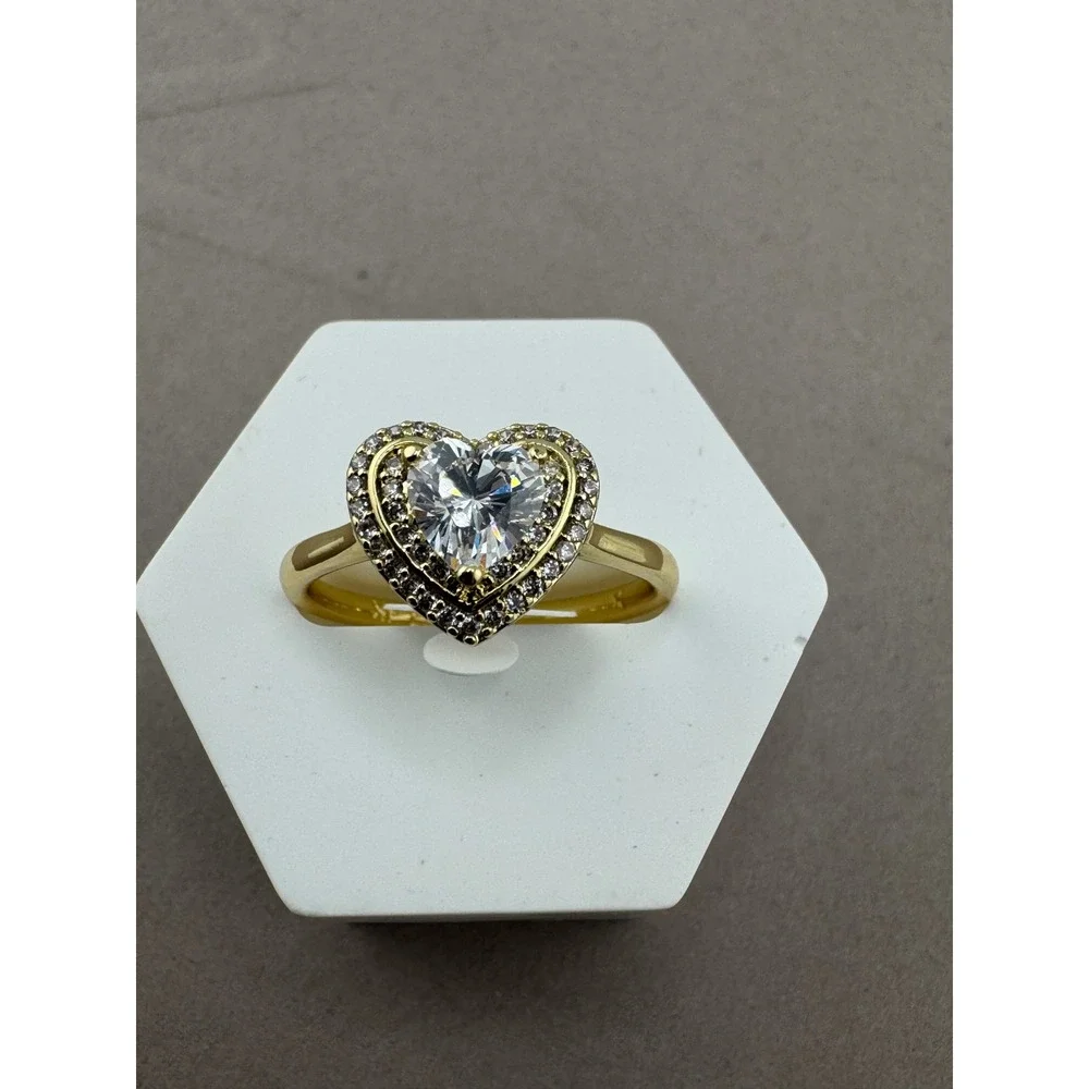 Gold Tone Heart Shaped Double Halo Cubic Zirconia Ring Size 9